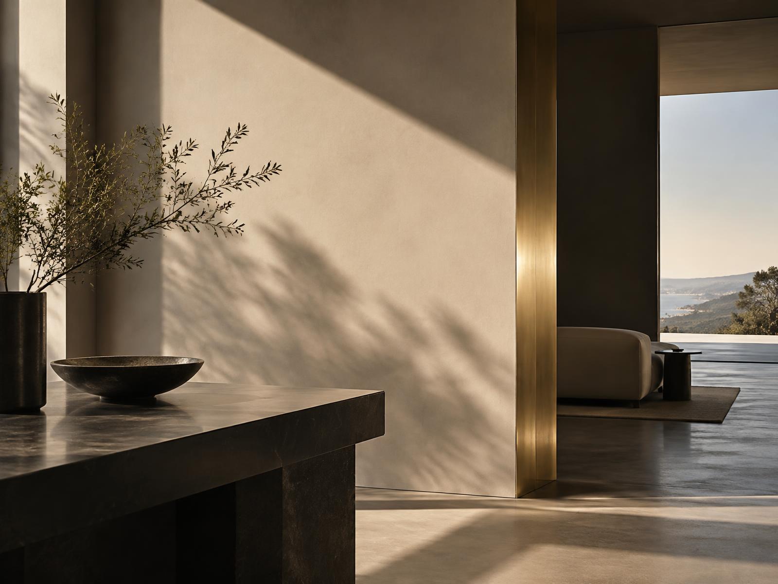 Warm ivory and graphite interior with a champagne-gold detail catching daylight